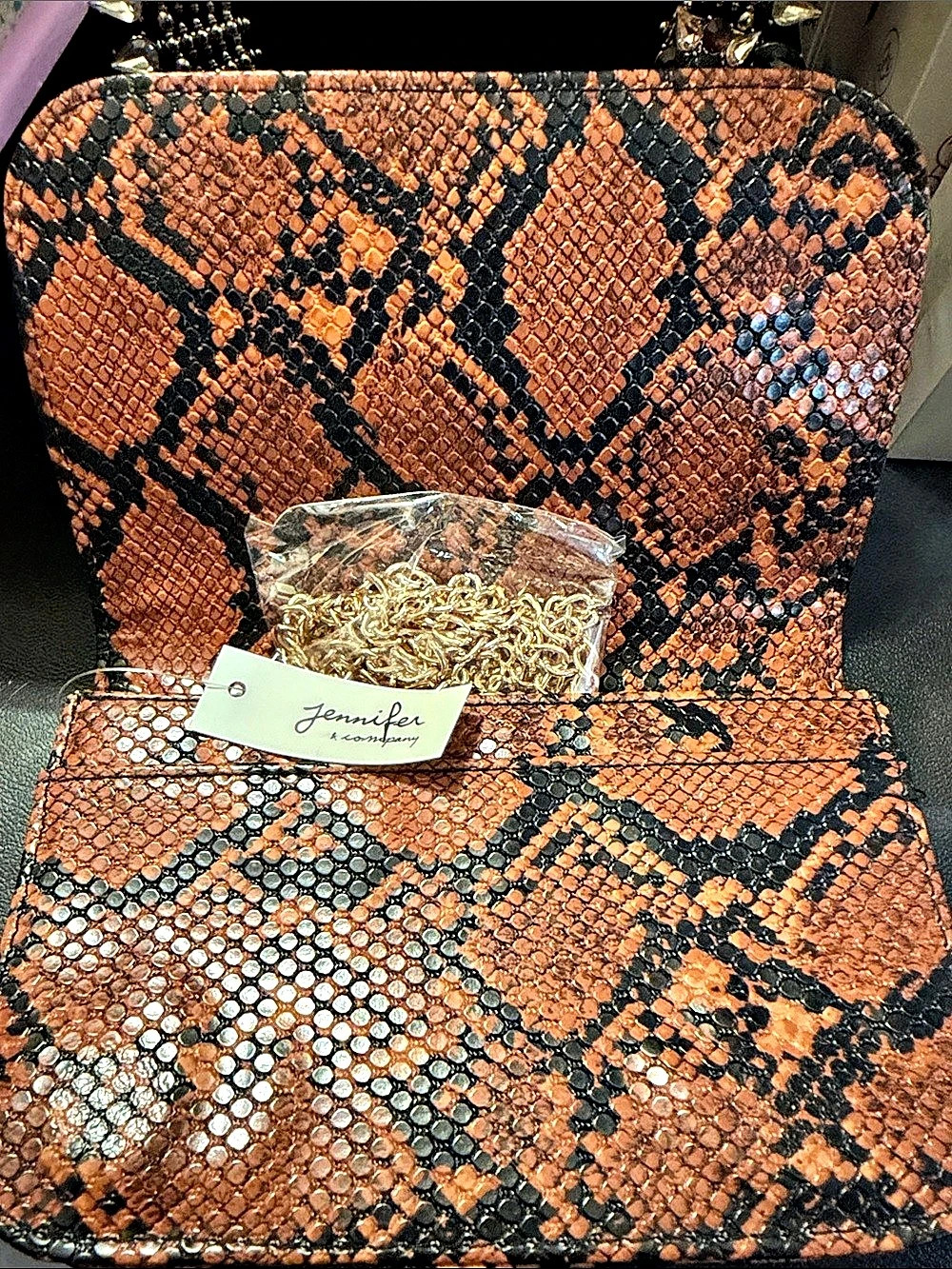 Jennifer & company Snake Print Chain Clutch in Brown & Black NWT